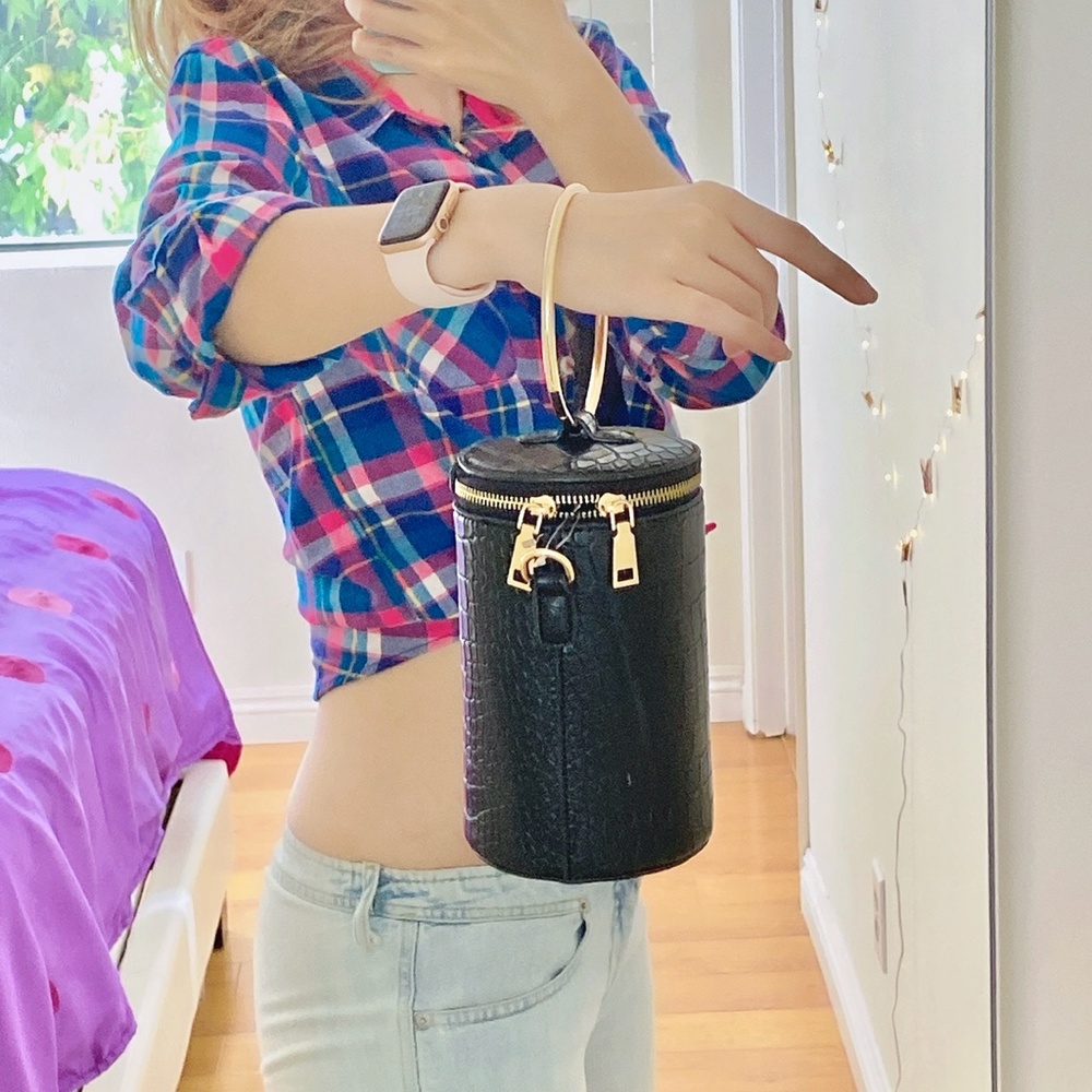 VEGAN CROC LEATHER MINI BLACK BUCKET BAG GOLD RING HANDLE HARDWARE